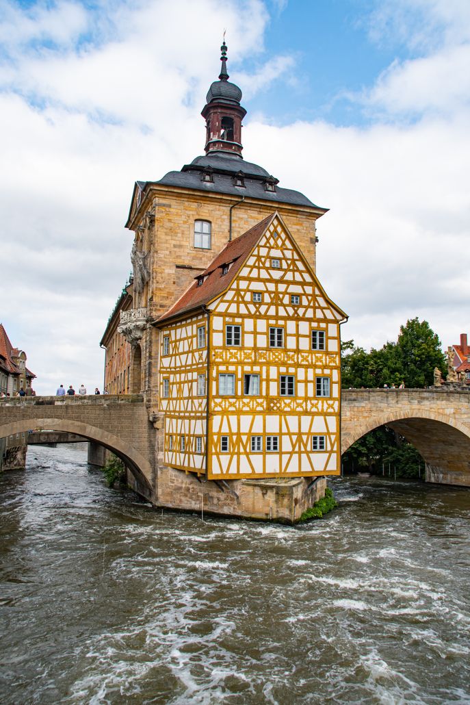 Historical Altes Rathaus on a bridge over the Regnitz River in Bamberg, Germany.